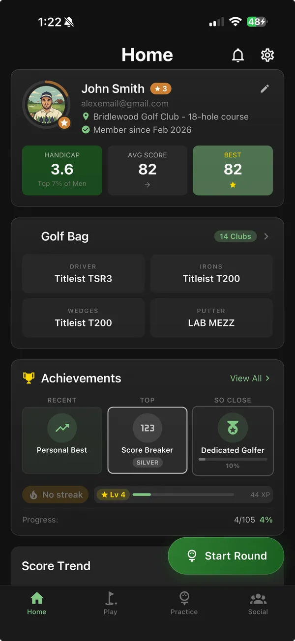 CaddieLab Golf Home Screen