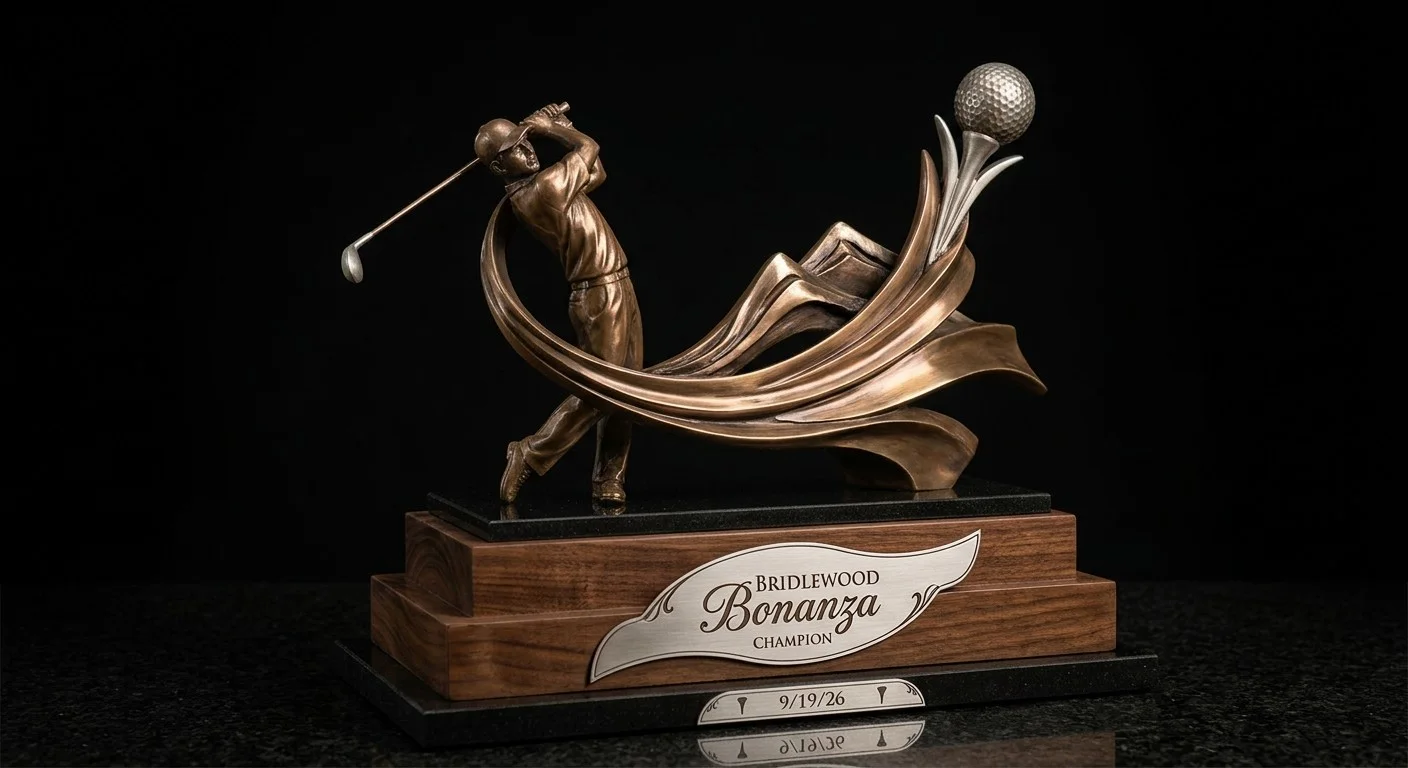 The Bridlewood Bonanza Champion trophy: a bronze golfer mid-swing on a walnut base, engraved Bridlewood Bonanza Champion, 9/19/26
