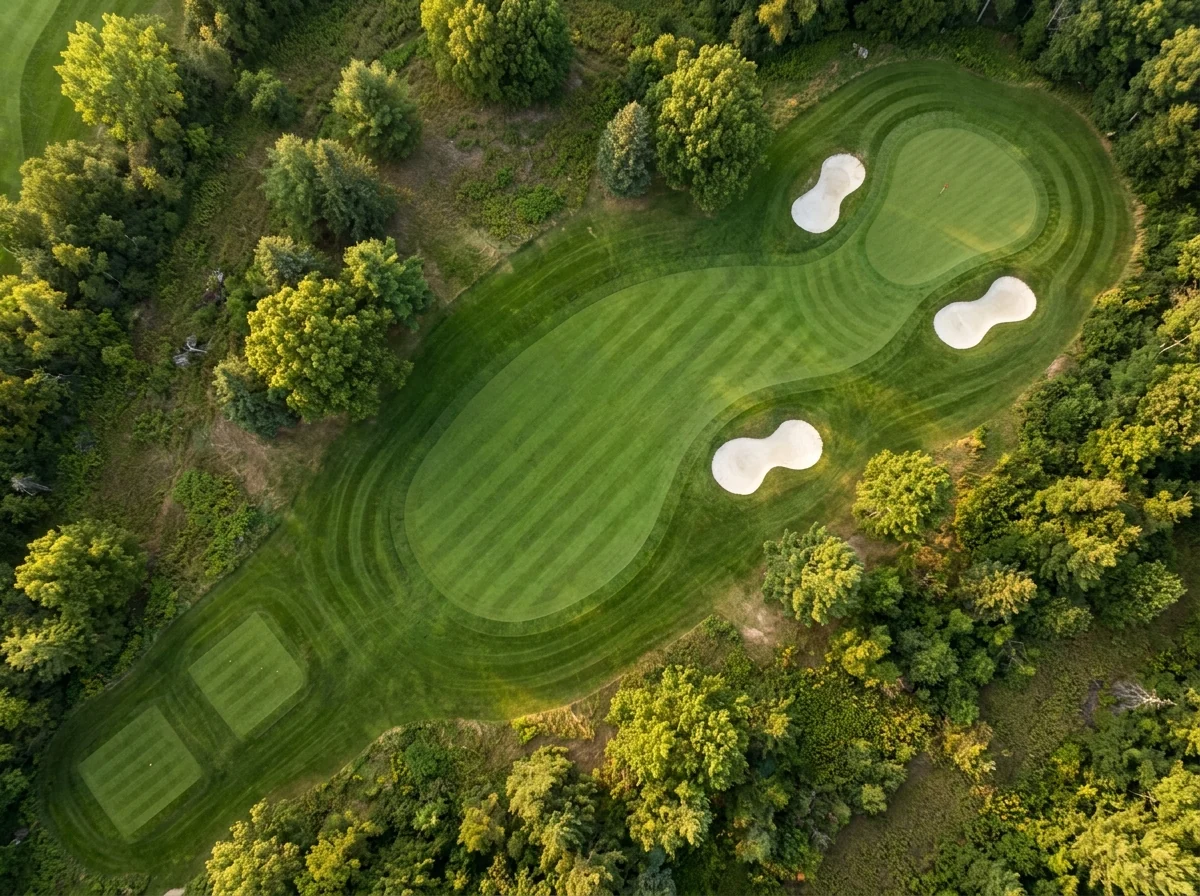 A par 3 from above: the tee lower left, the green upper right between three bunkers