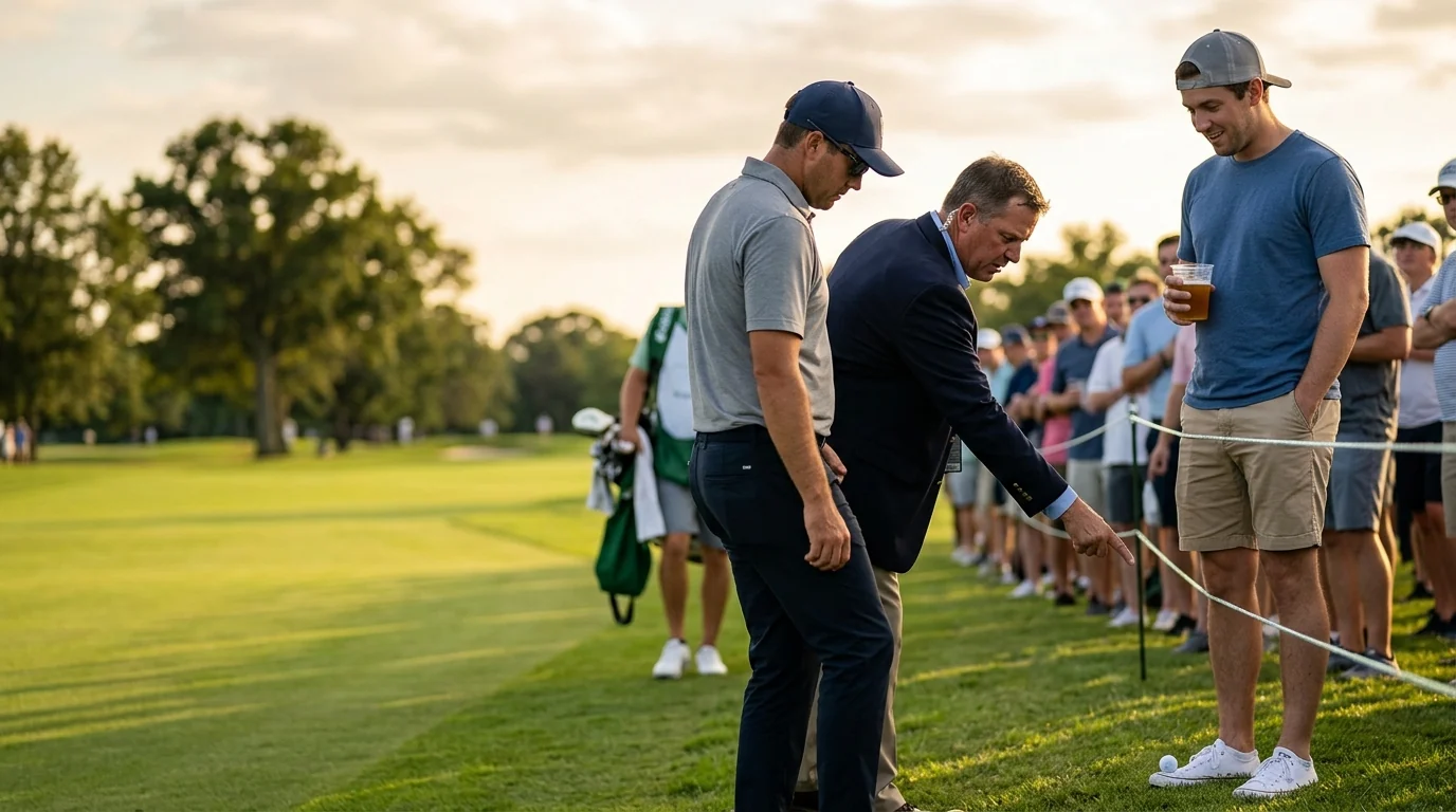 A rules official and a golfer look down at a ball by a spectator's shoe at the gallery rope