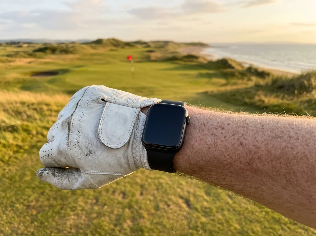 Looking down at an Apple Watch on a golfer's wrist, a links green and the sea beyond